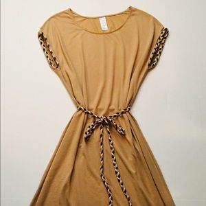 Avon Beige Braided Short Sleeve Dress-Brown/Beige-White Rope Belt